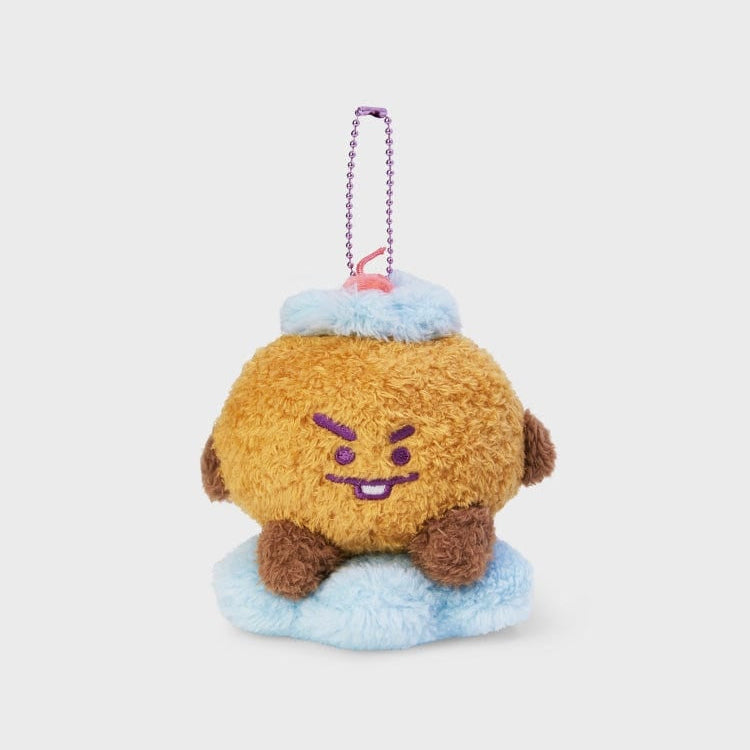 Stuffed toy of BT21 character Shooky, brown and tan with light blue cloud base and loop chain.