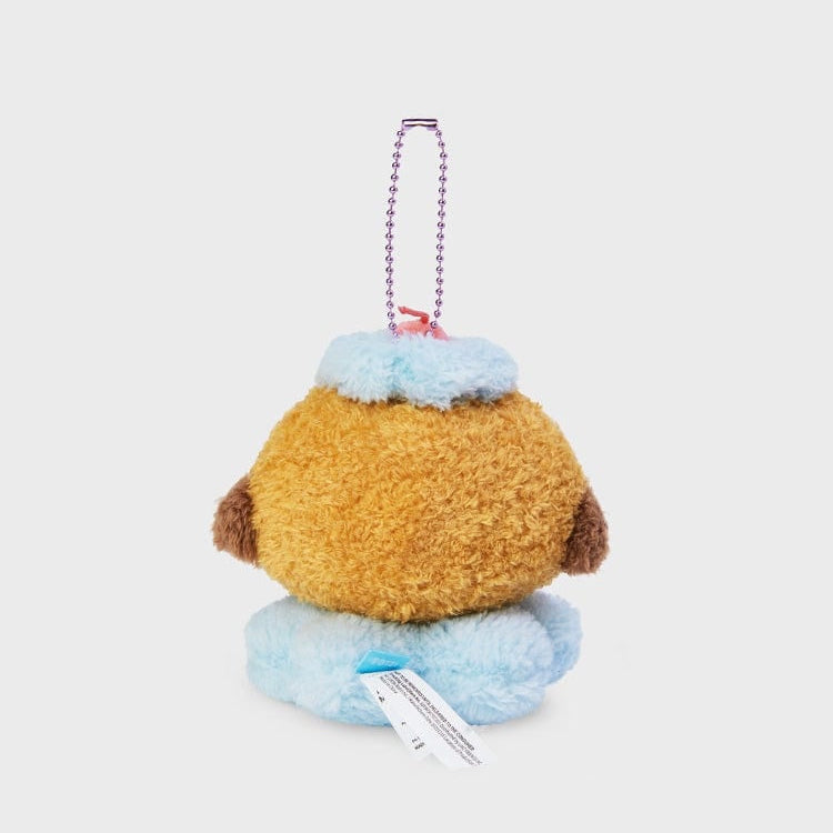 Back view of a brown and blue plush keychain.