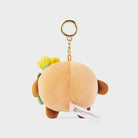 Back of a tan plush keychain.