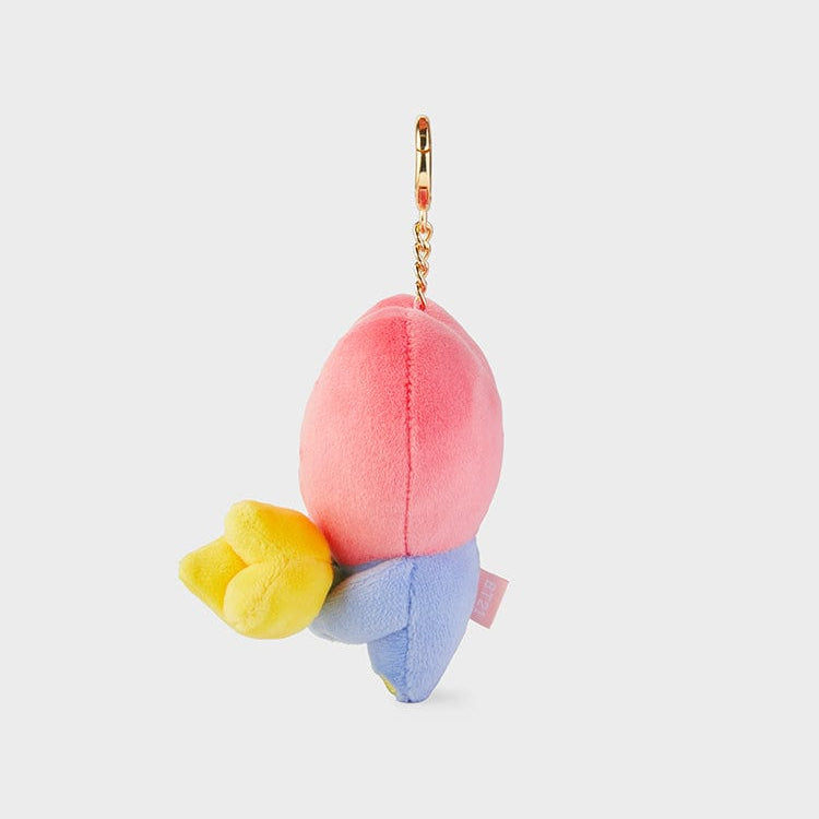 Pink and blue plush chick keychain with yellow beak.