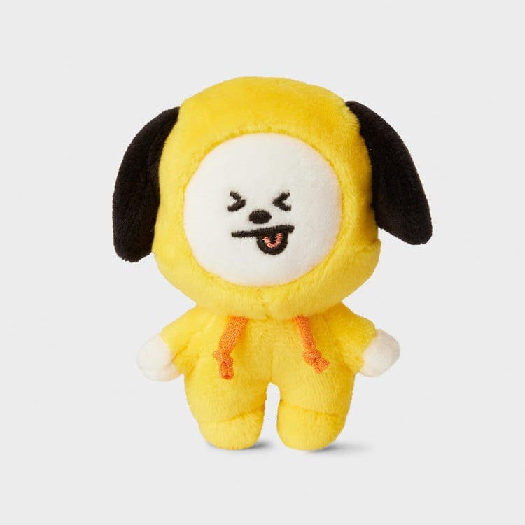 Yellow BT21 Chimmy plush toy with black ears and orange drawstring.