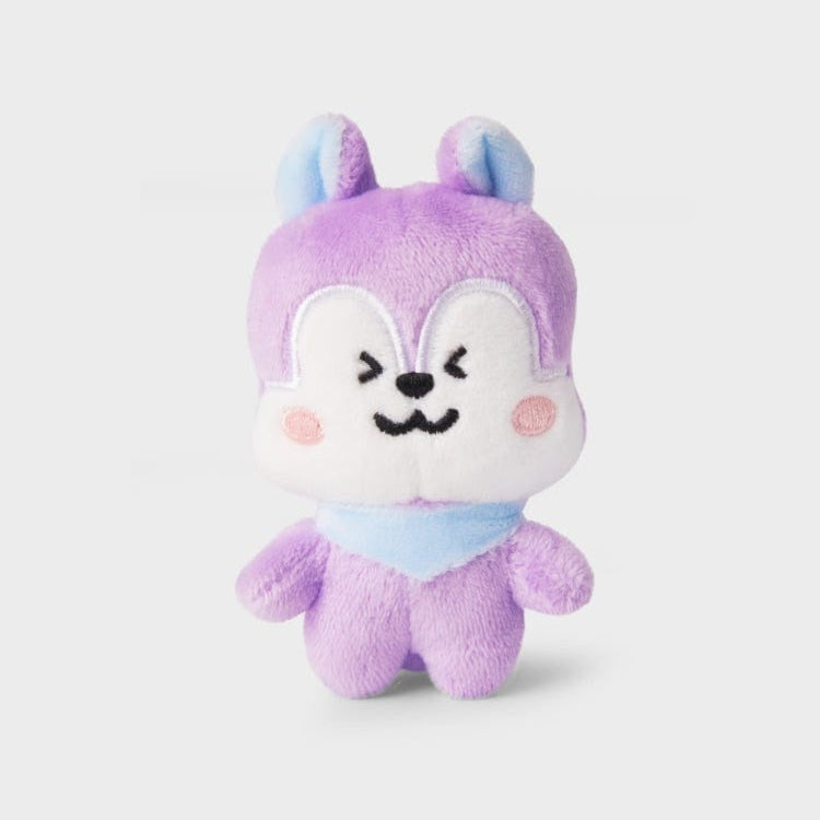 Purple and white squirrel plush toy with blue neckerchief.