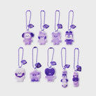 Ten purple animal keychains with ball chain.