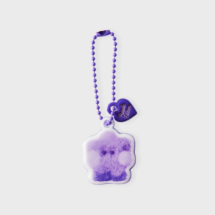 Purple plush keychain with purple bead chain and heart charm.
