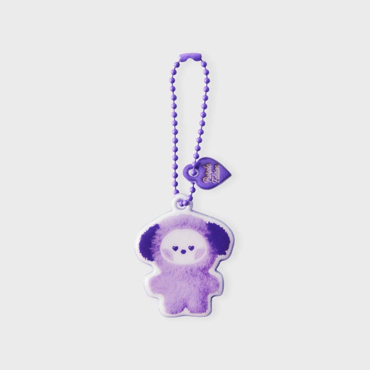 Purple and white Chimmy keychain with purple ball chain and heart charm.