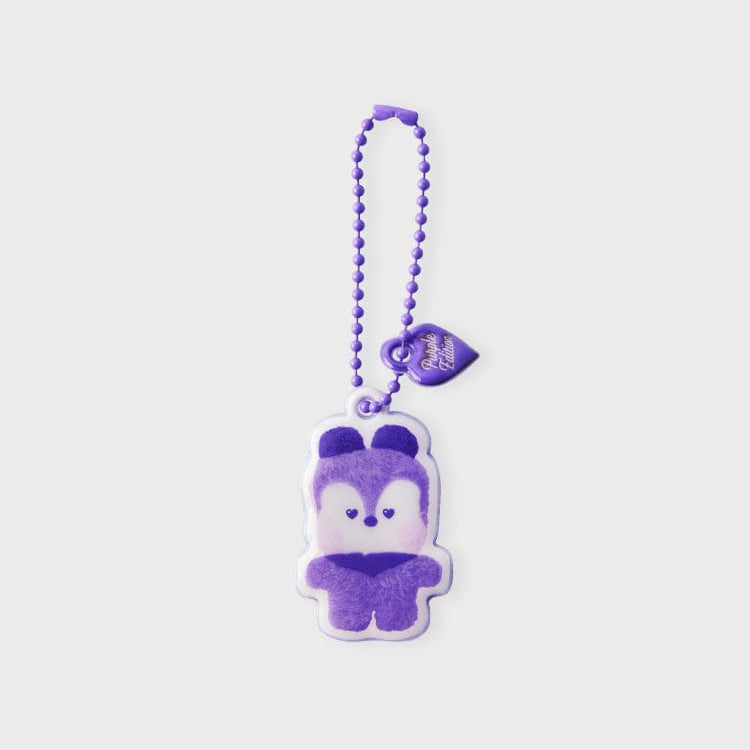 Purple animal character keychain with bead chain and heart-shaped tag.