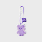 Purple teddy bear keychain with heart and bead chain.
