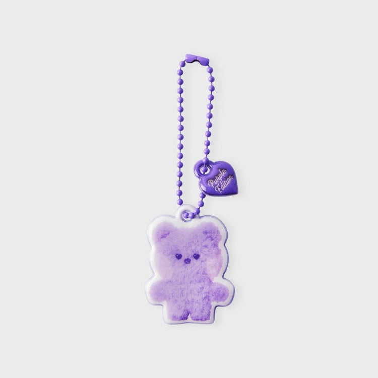 Purple teddy bear keychain with heart and bead chain.