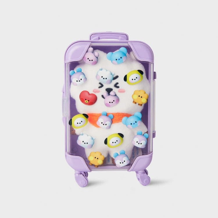 Purple toy suitcase with white and colorful character plushies inside.