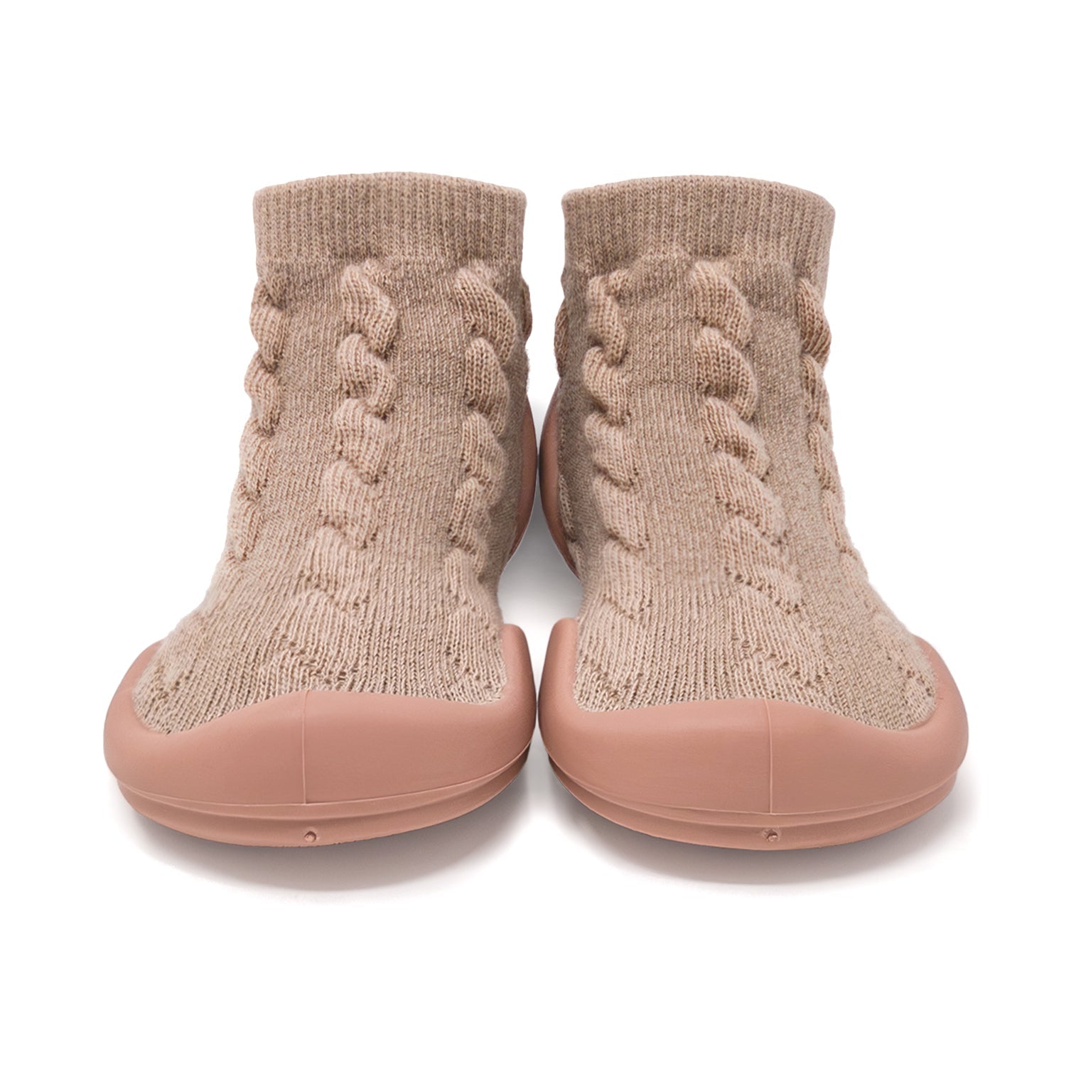 Two brown knitted sock shoes with pink soles.