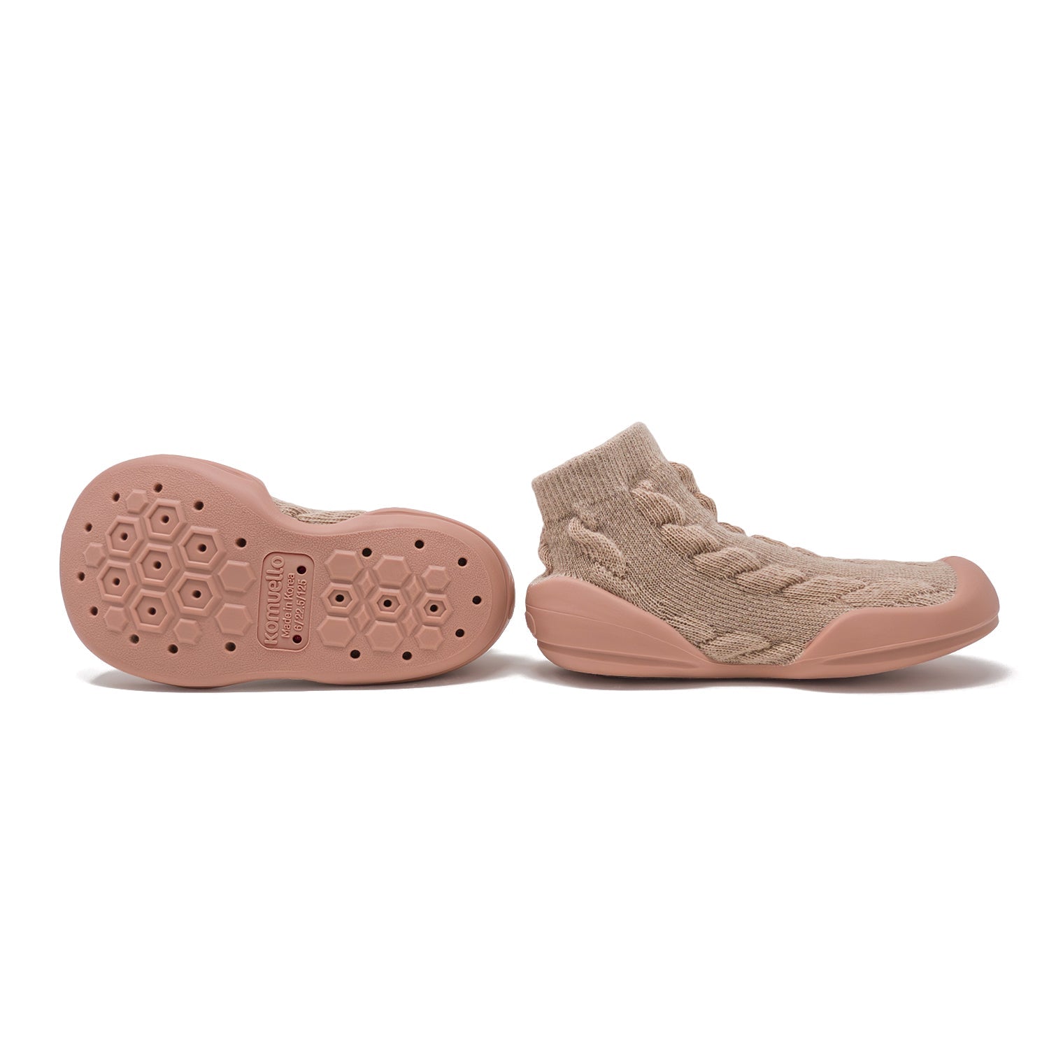 Two pink knit Komuello baby shoes.