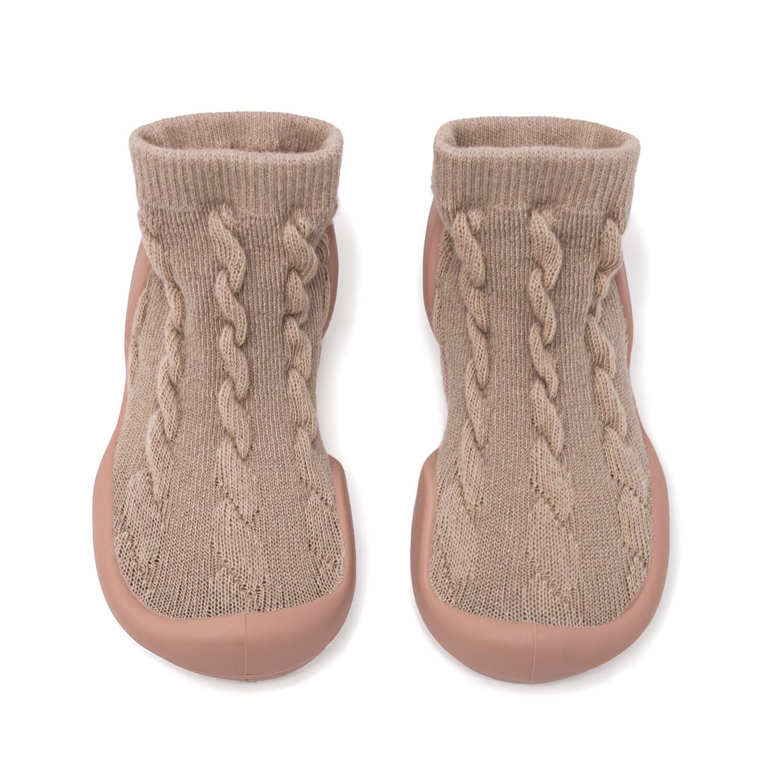 Pair of tan knitted slipper socks with rubber soles.