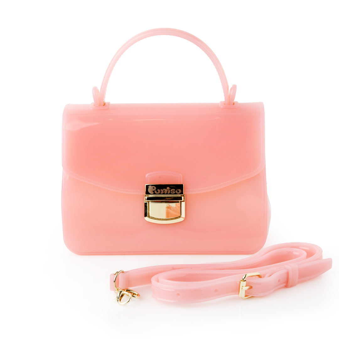 Pink, translucent, plastic purse with gold hardware.
