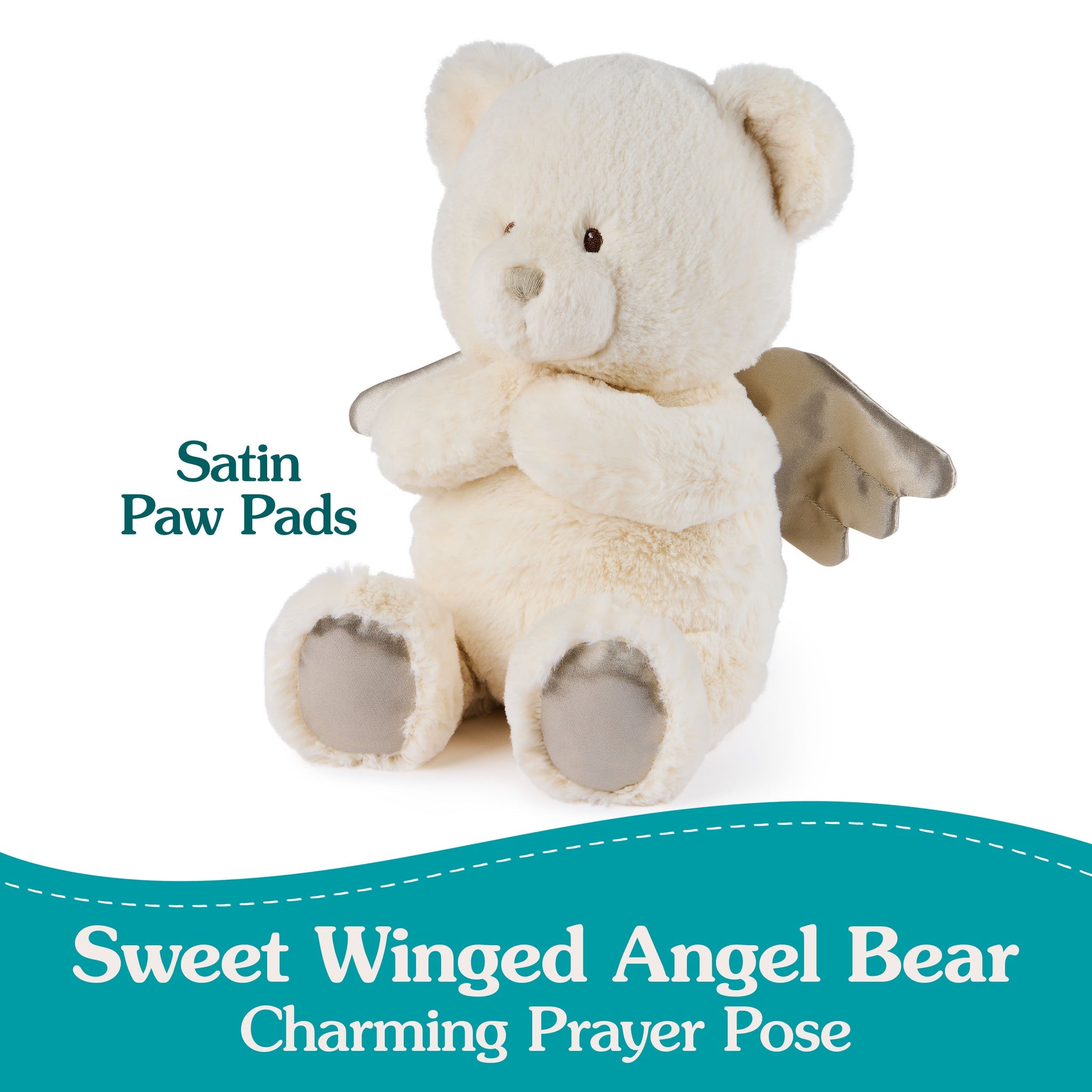 Stuffed teddy bear with angel wings in prayer pose.