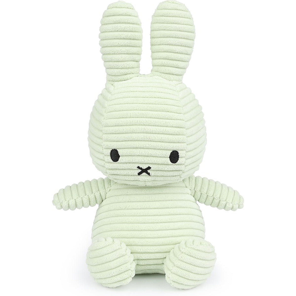 Light green, corduroy Miffy stuffed animal, sitting.