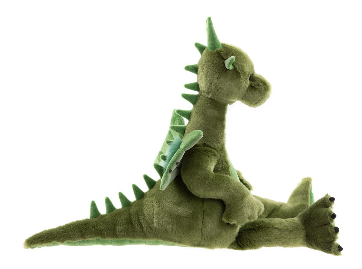 Green plush dragon toy on a white background
