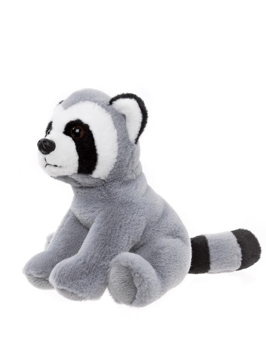 Plush toy raccoon on a white background