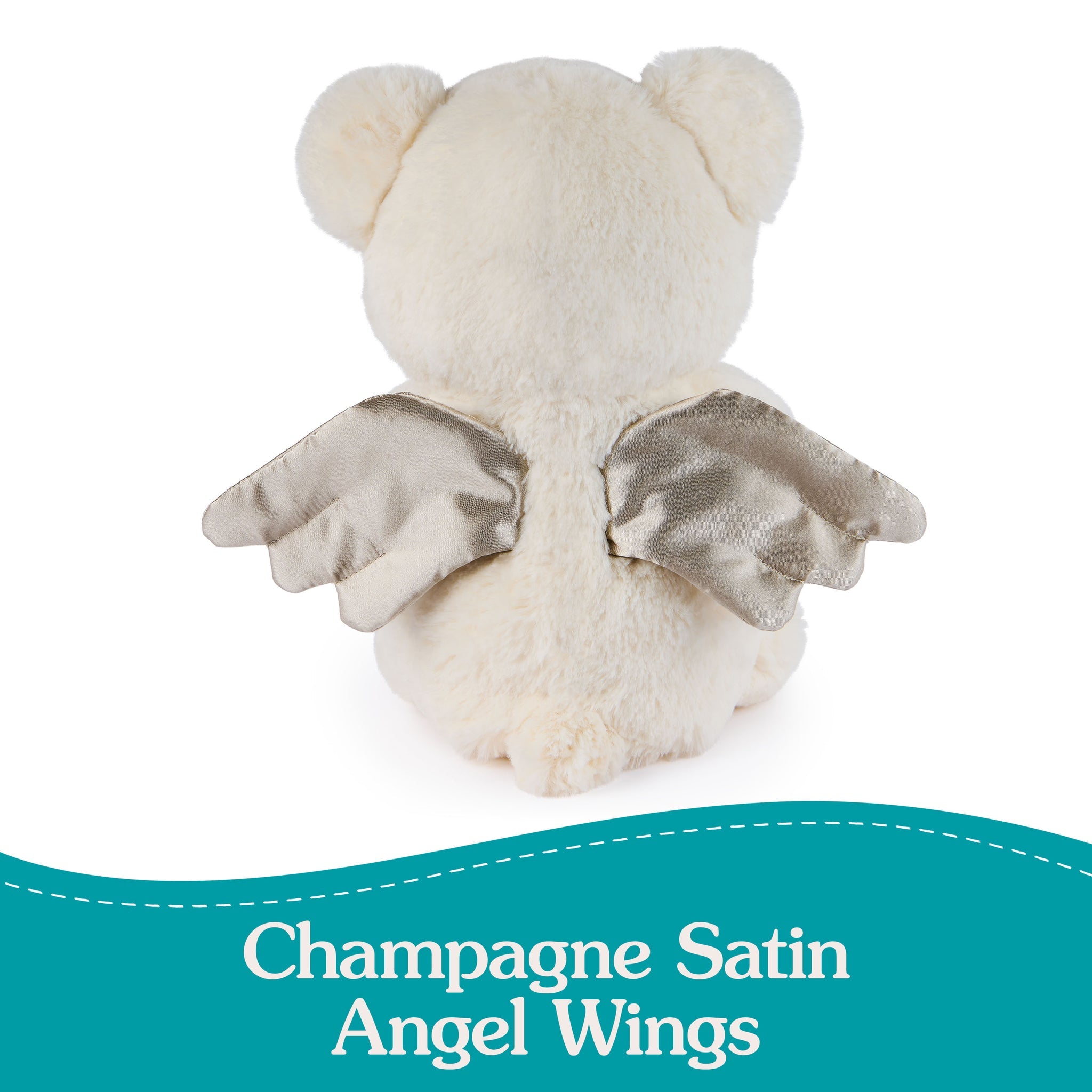 Stuffed bear from behind with champagne-colored satin angel wings.