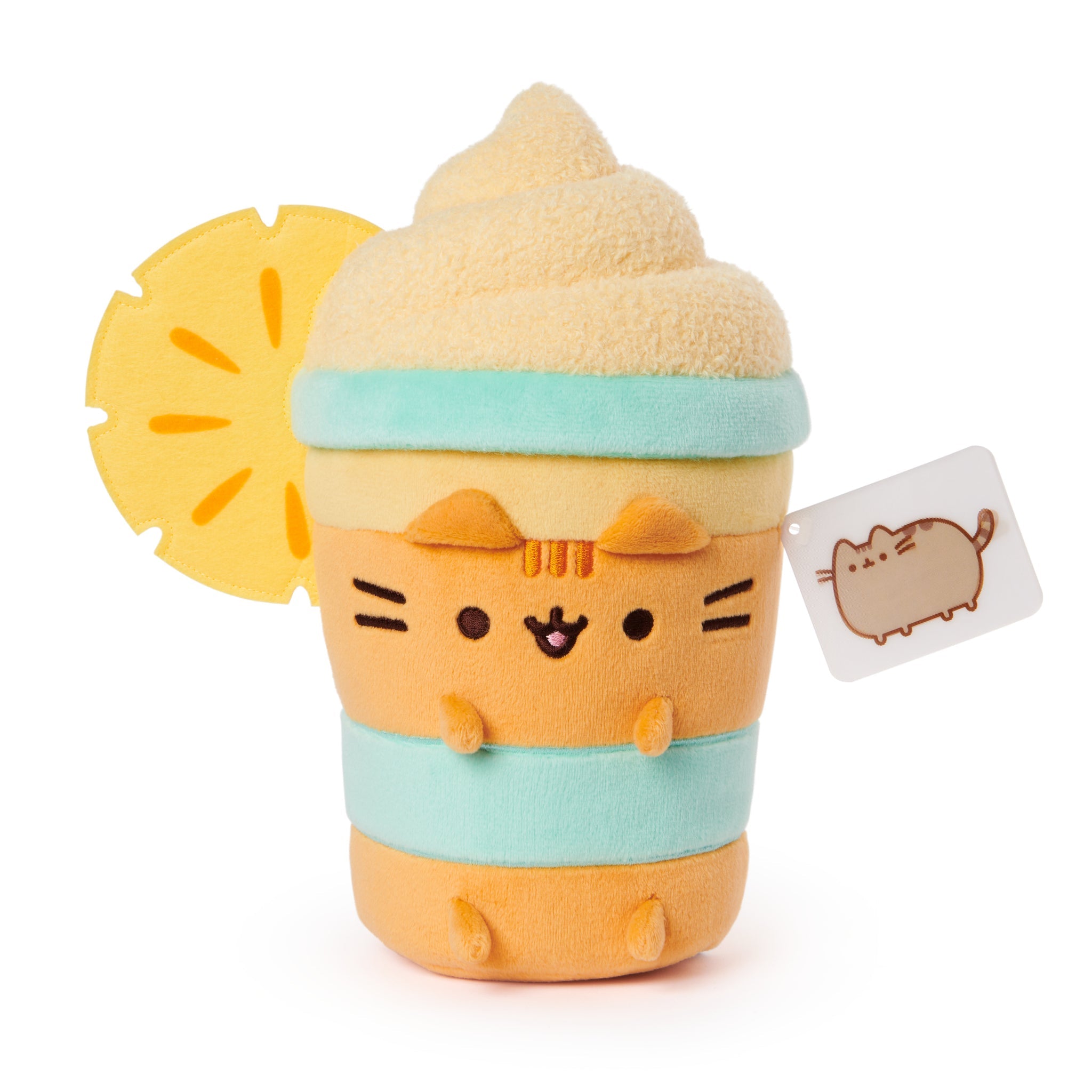 Pusheen plush toy in the shape of a yellow and orange drink with a pineapple slice accent.