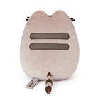 Gray Pusheen plush toy, back view, with brown stripes, tail, whiskers, and tag.