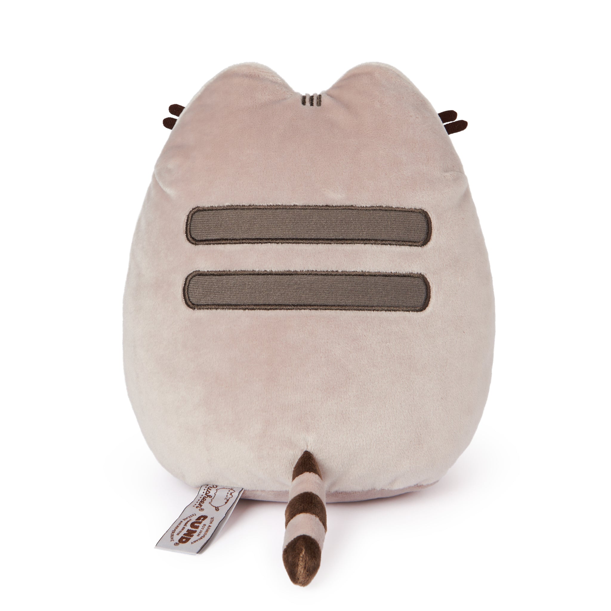 Gray Pusheen plush toy, back view, with brown stripes, tail, whiskers, and tag.