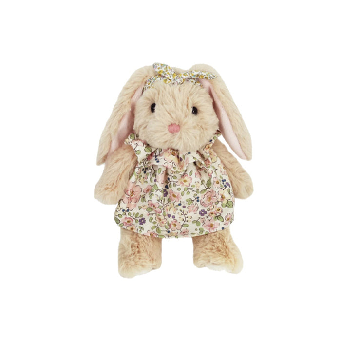 Tan plush bunny with floral dress and matching headband.
