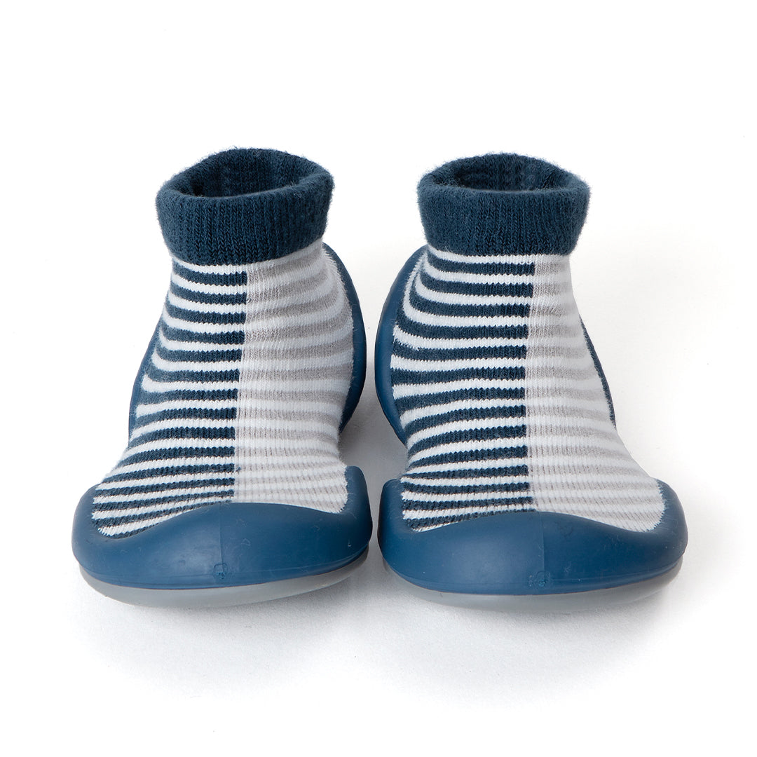 Pair of blue and white striped baby shoes.