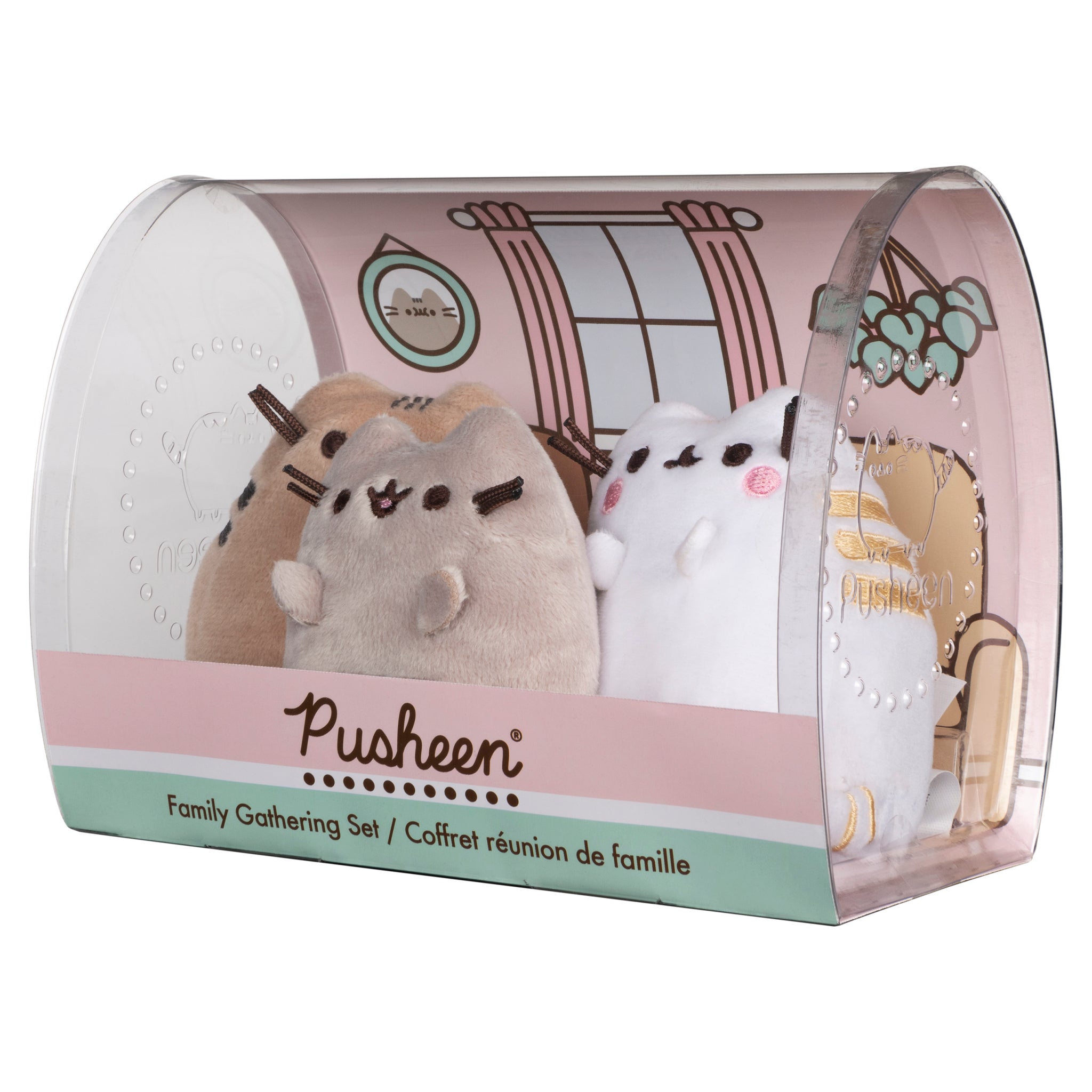 Three Pusheen plush toys inside a clear plastic box labeled "Pusheen Family Gathering Set." The box is light pink and teal, with a drawing of a room scene behind the toys. The toys are brown, grey, and white.