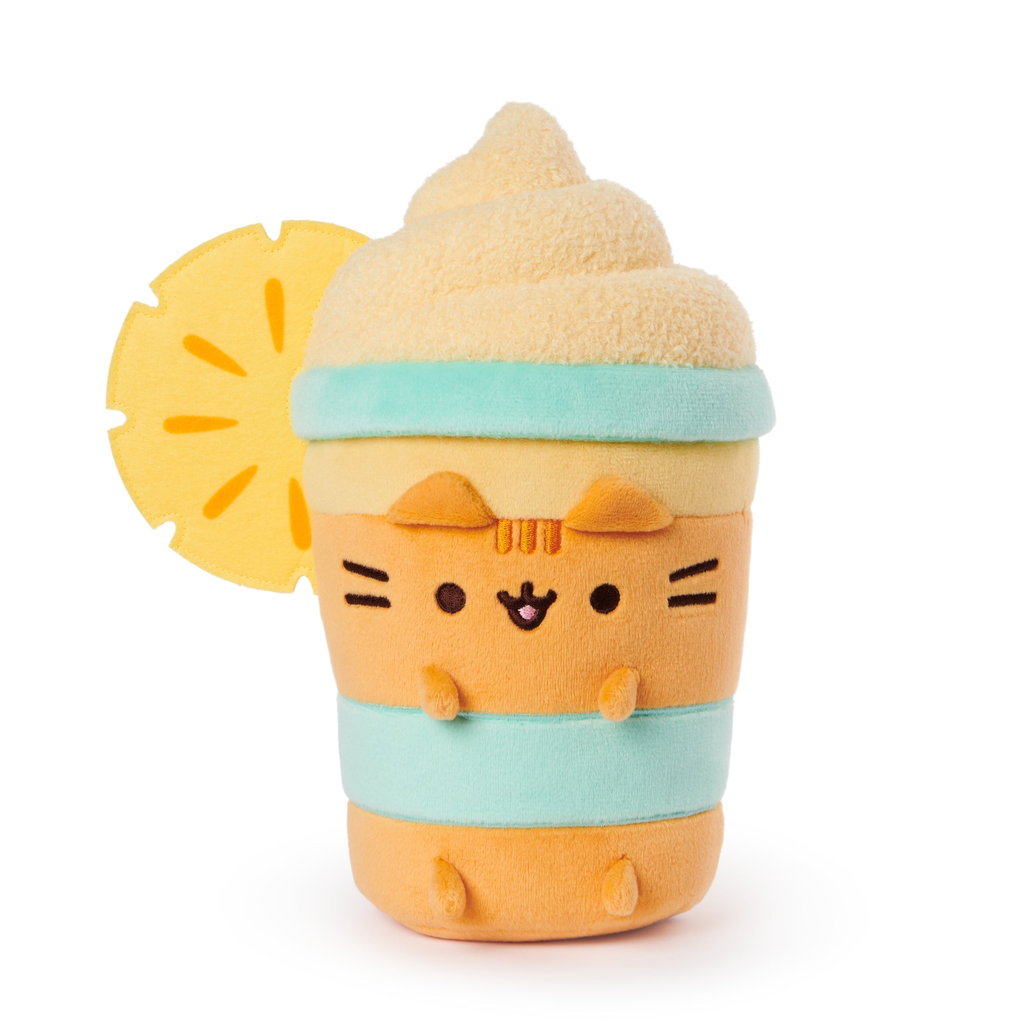 Plush cat in a cup with a lemon slice.