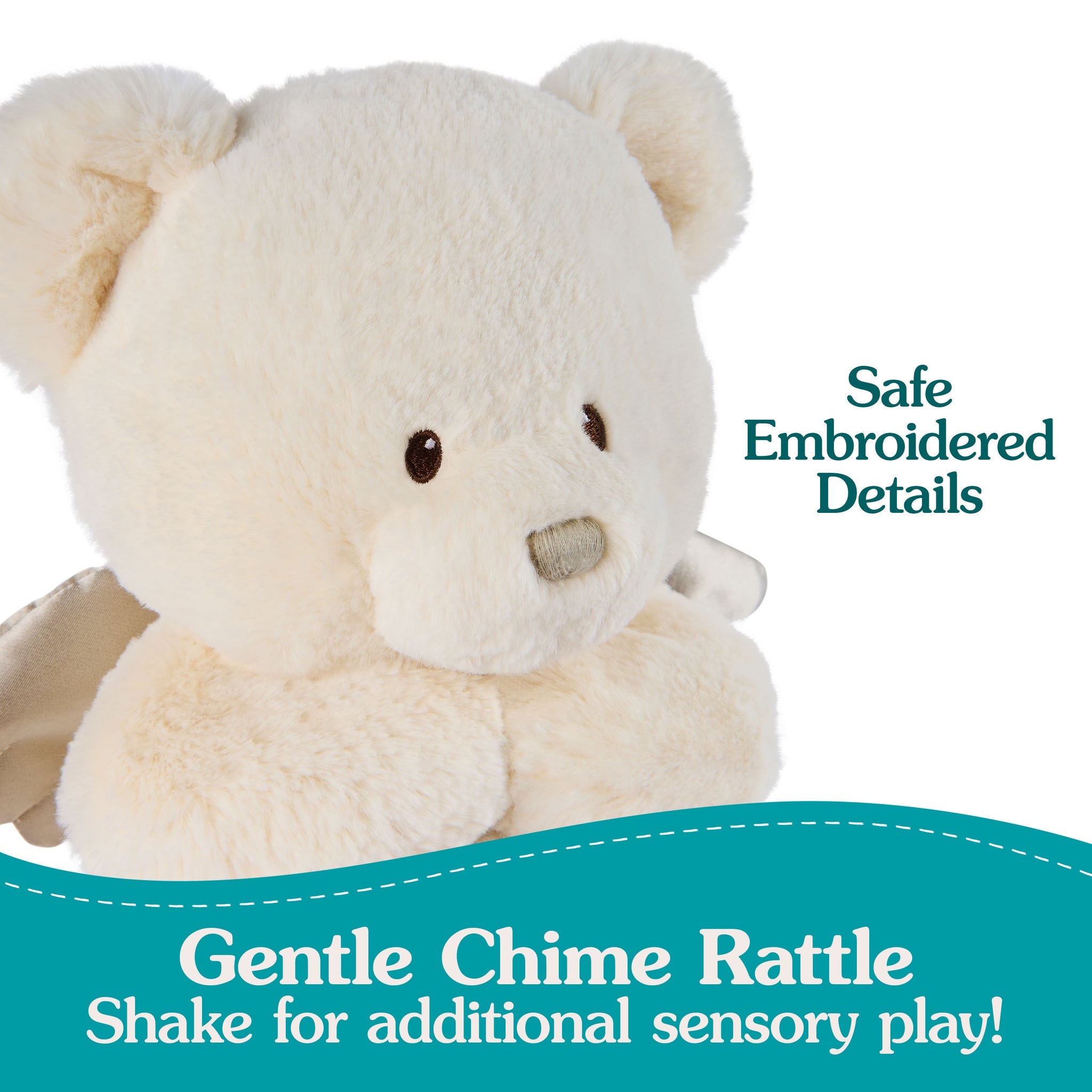 A plush white teddy bear with embroidered facial features and a sensory chime rattle.
