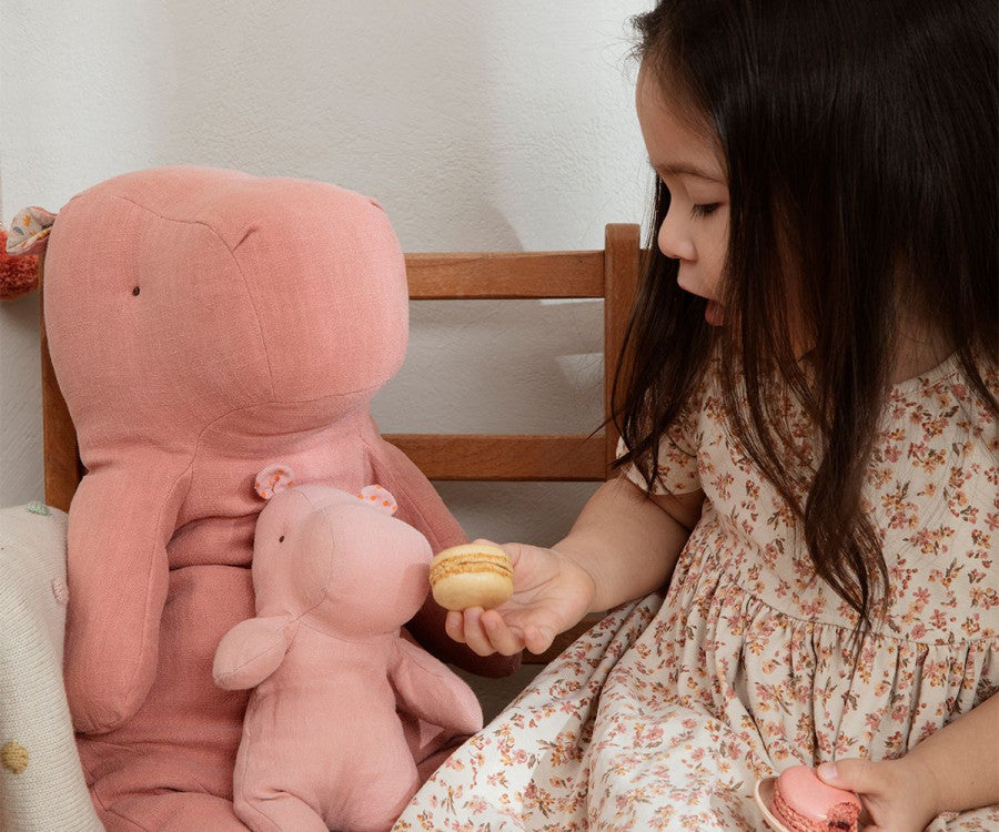 Young girl in floral dress holds macarons for stuffed hippopotamuses.