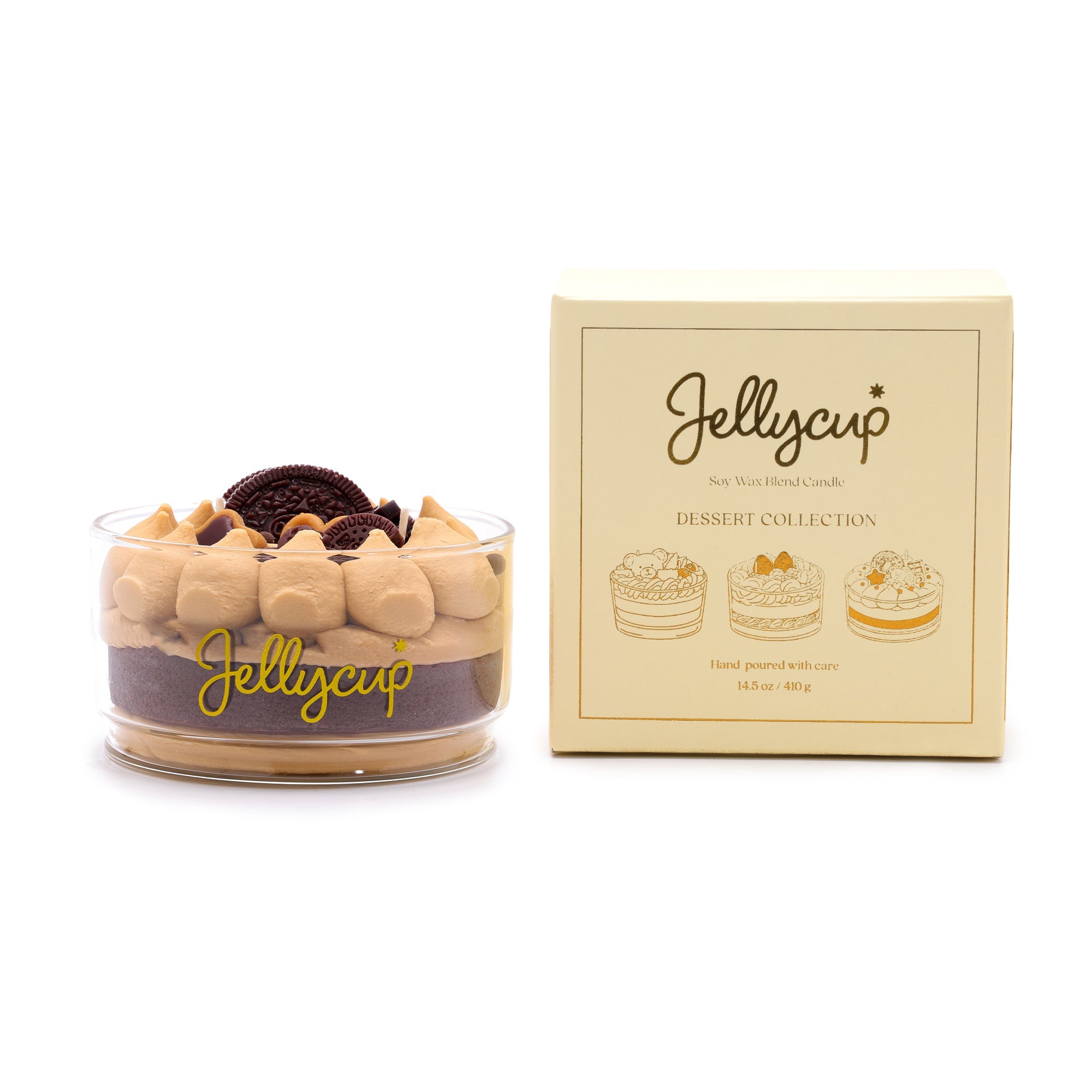 Jellycup dessert-themed candle with packaging on a white background