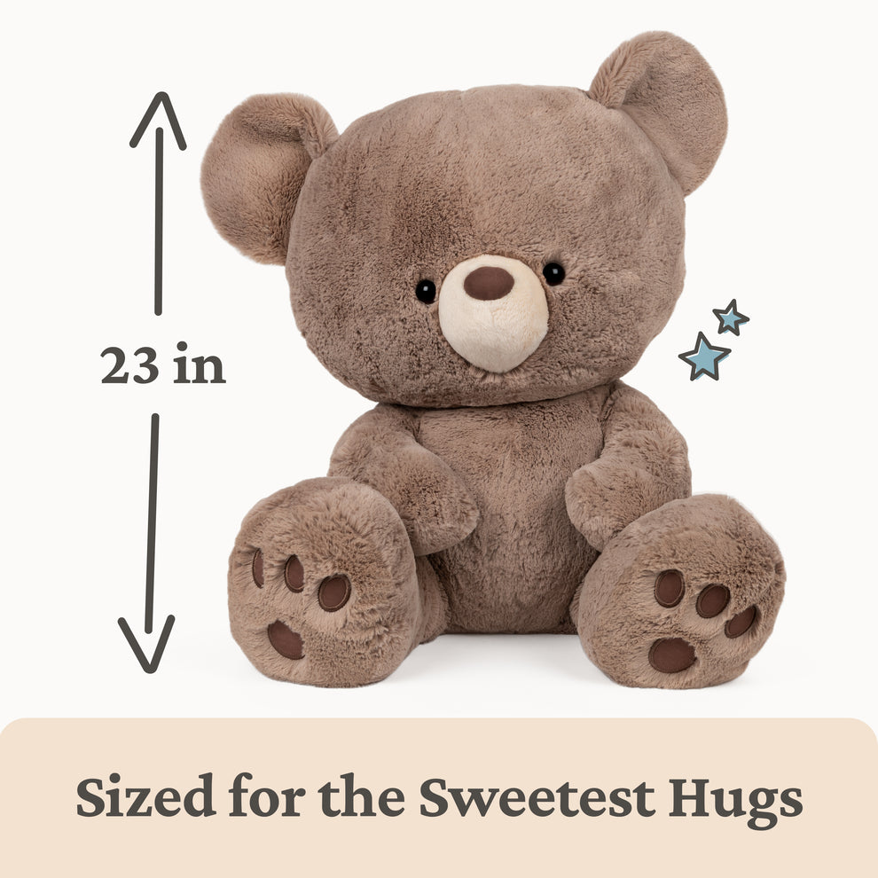 Brown teddy bear sitting with "23 in" height measurement and the text "Sized for the Sweetest Hugs" below.