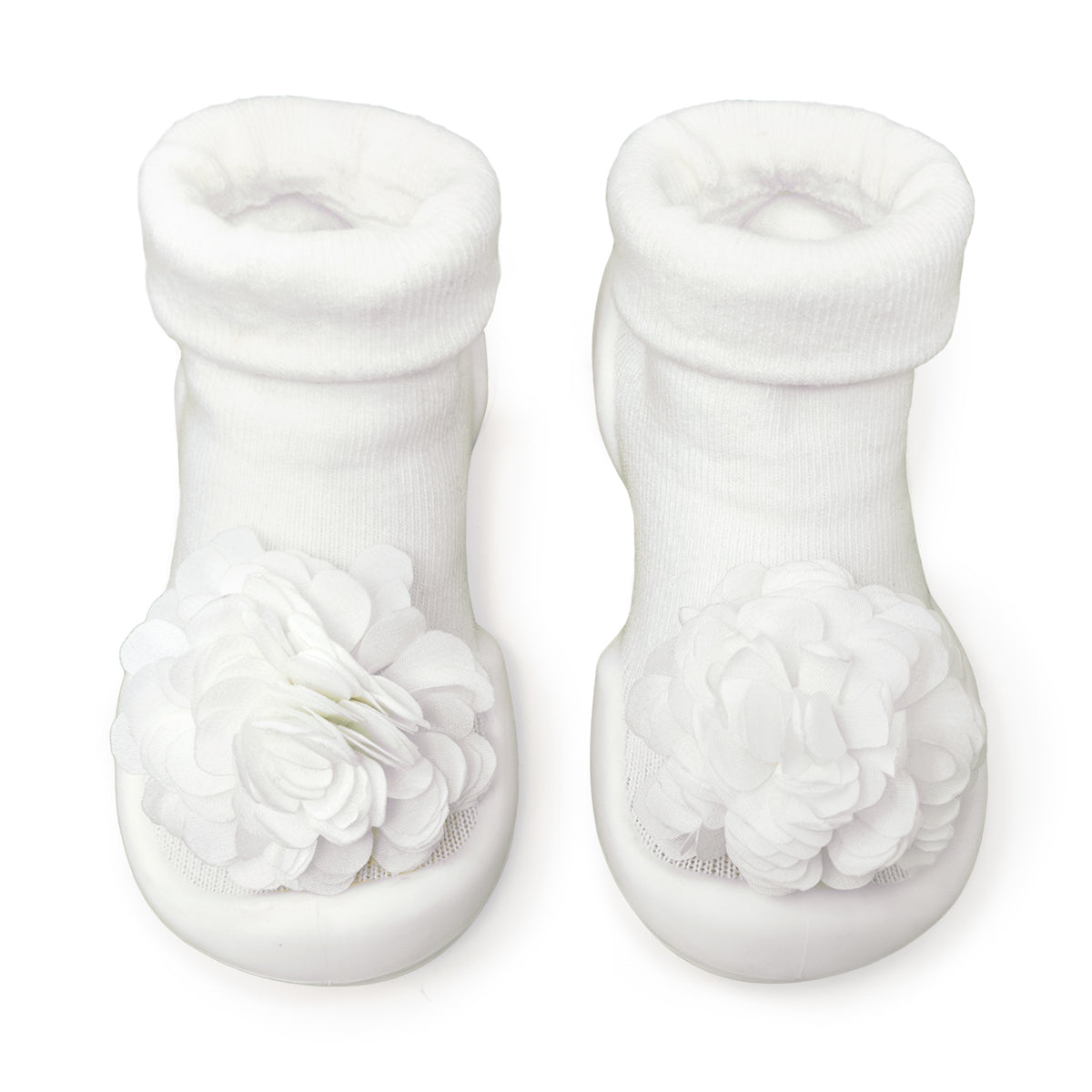 Two white baby socks with flower details.