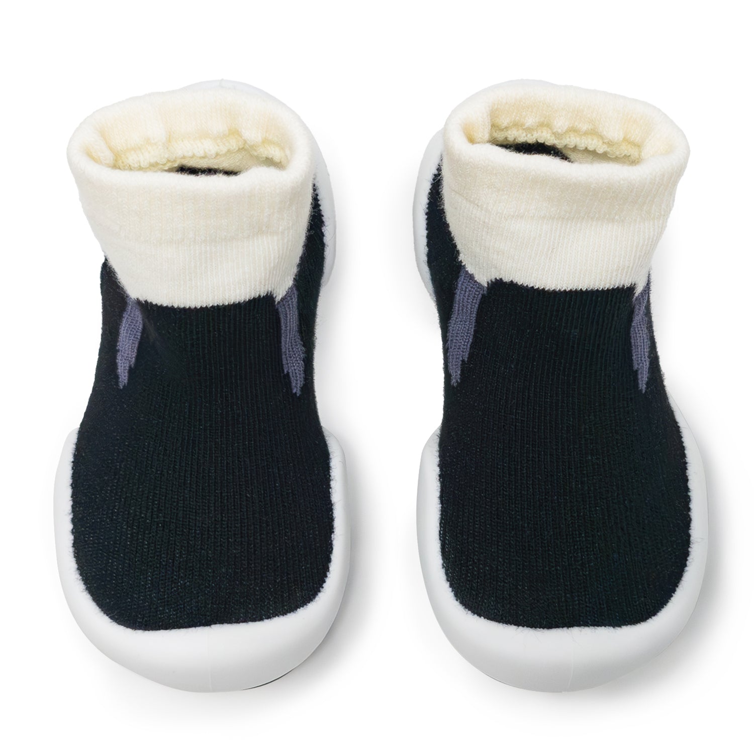 Pair of black pet boots with white soles and cream interior on a white background