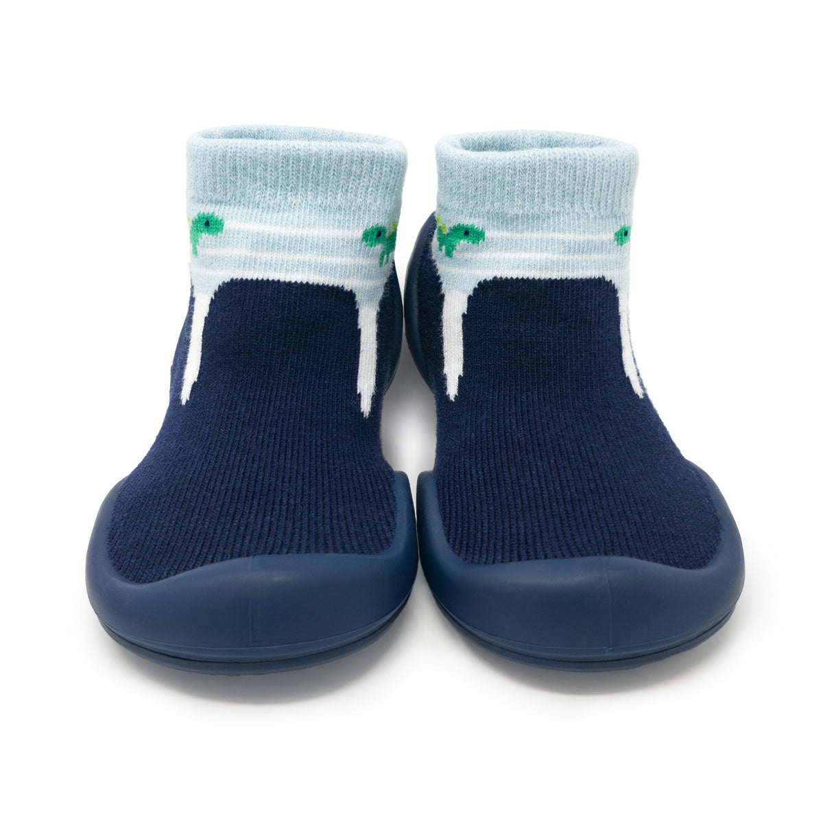 Pair of navy blue baby slipper shoes.