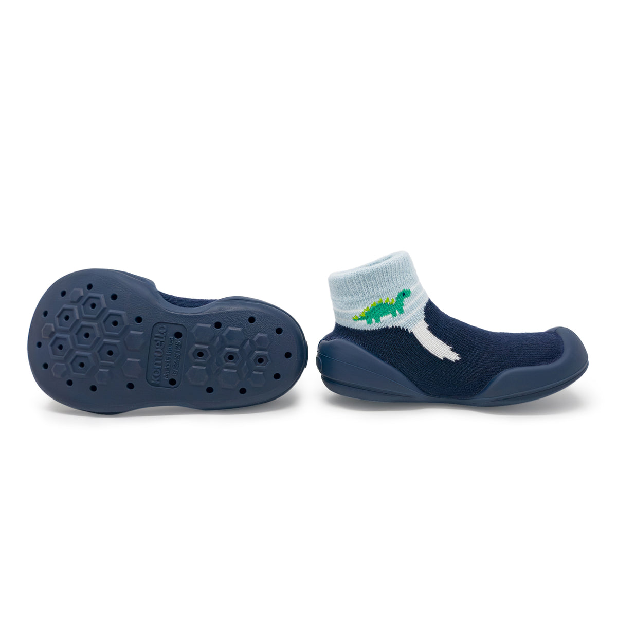 Two blue sock-shoes with dinosaur design.