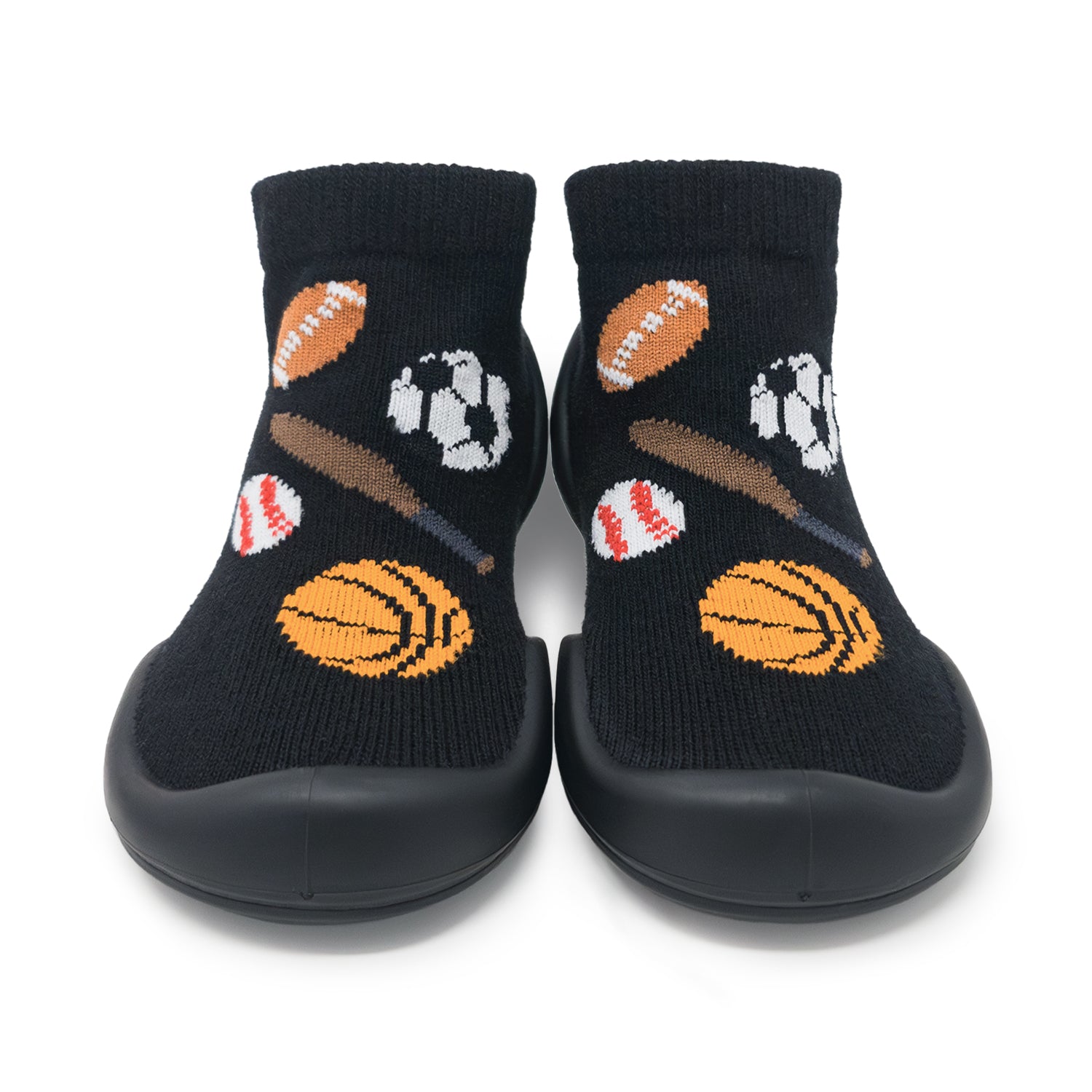 Black socks with sports-themed designs on a white background