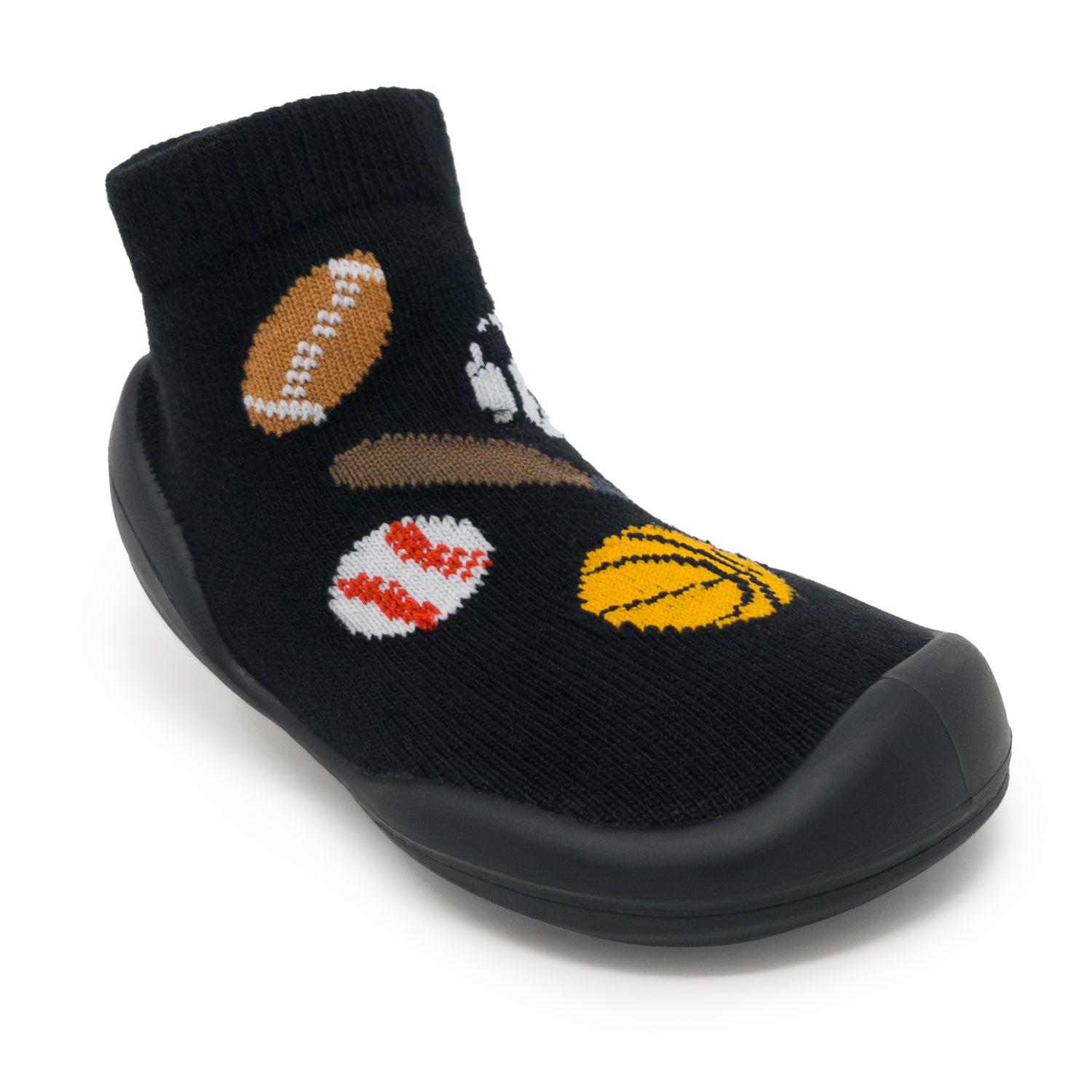 Black sock with sports ball designs on a white background