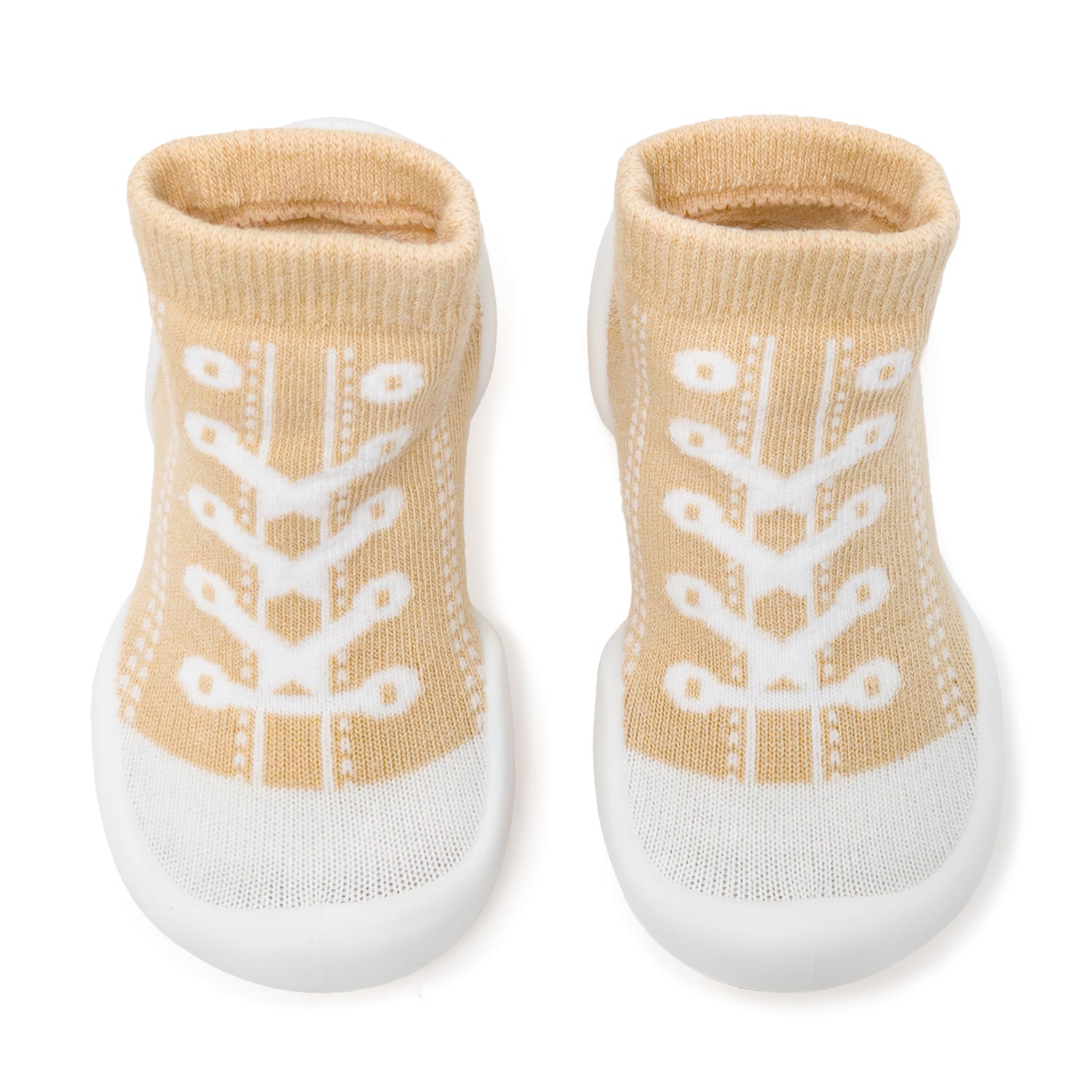 Two yellow and white baby sock shoes.