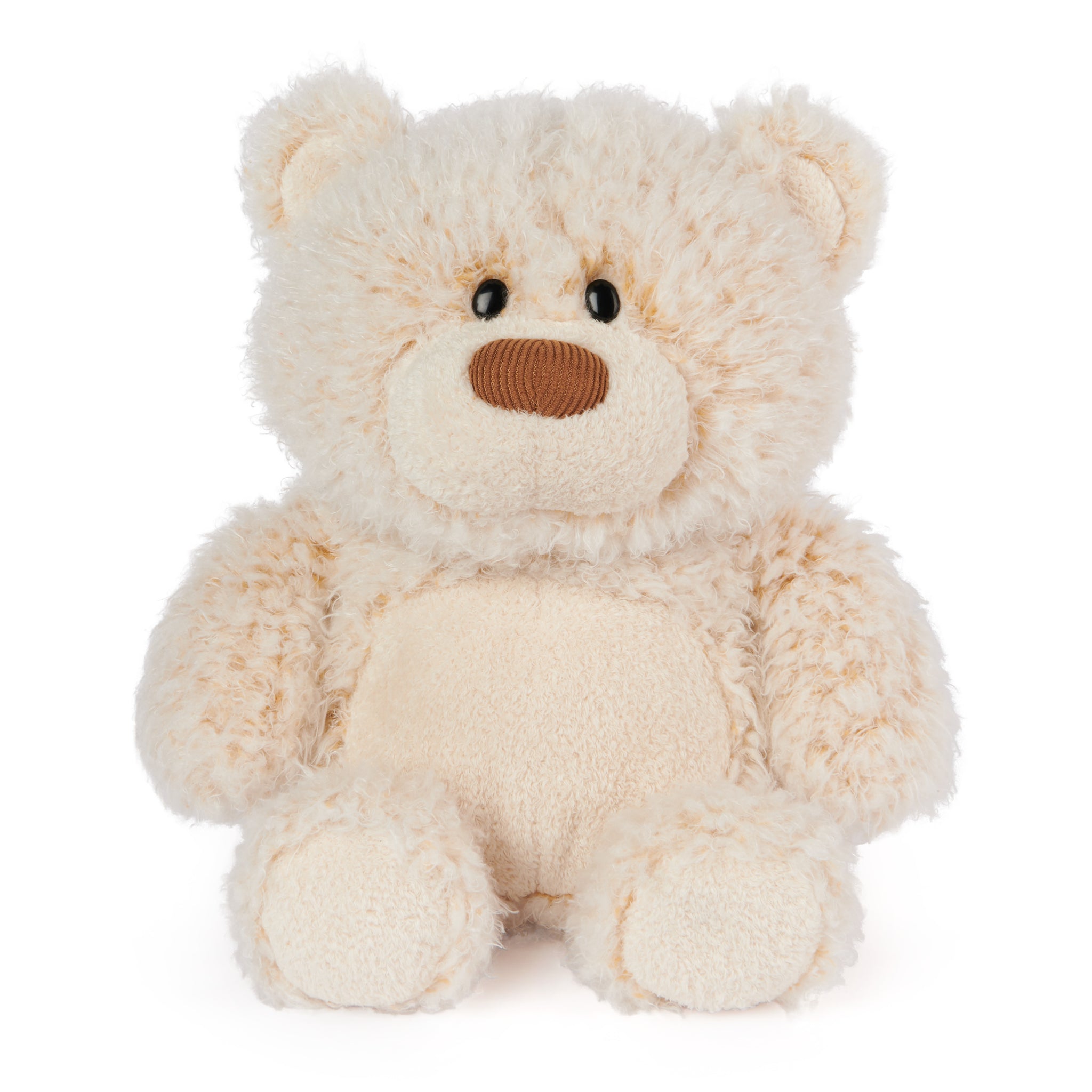Tan plush teddy bear sitting upright.