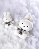 Two white plush Miffy bunnies with black and white striped scarves resting on a white fluffy surface.