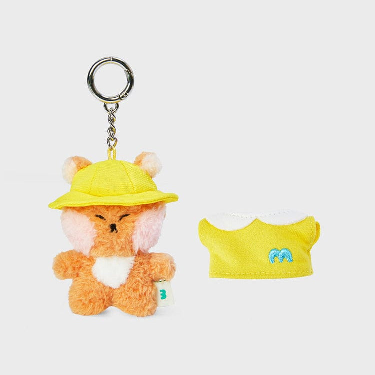 Plush toy keychain with yellow hat and removable yellow shirt.