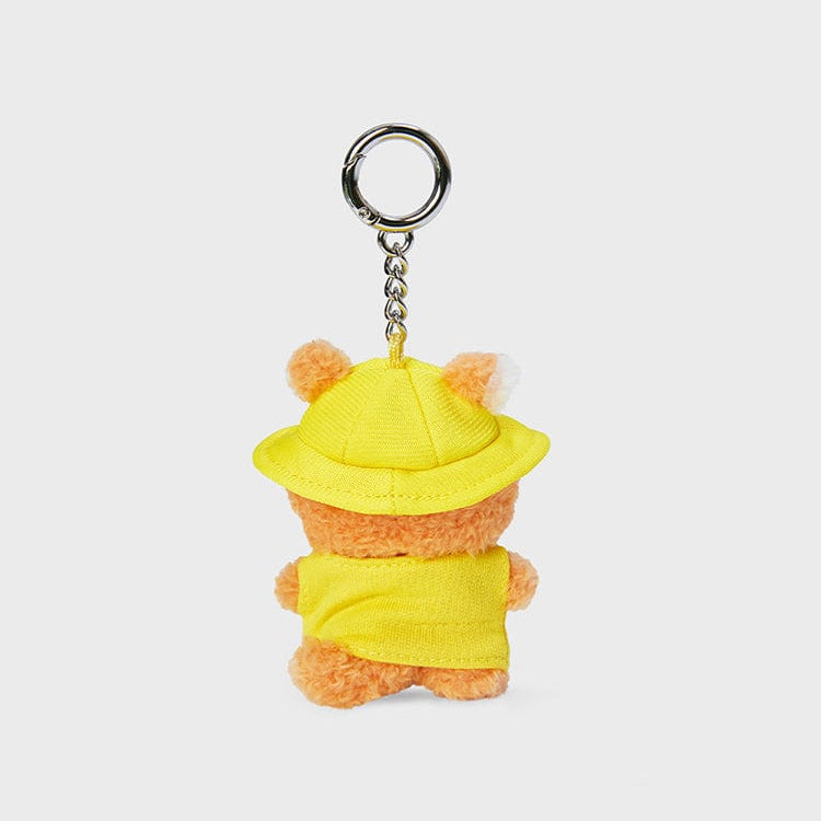 Teddy bear keychain with yellow hat and jacket.