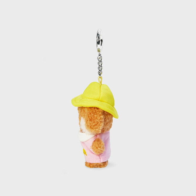 Stuffed animal keychain with yellow hat and pink hoodie.