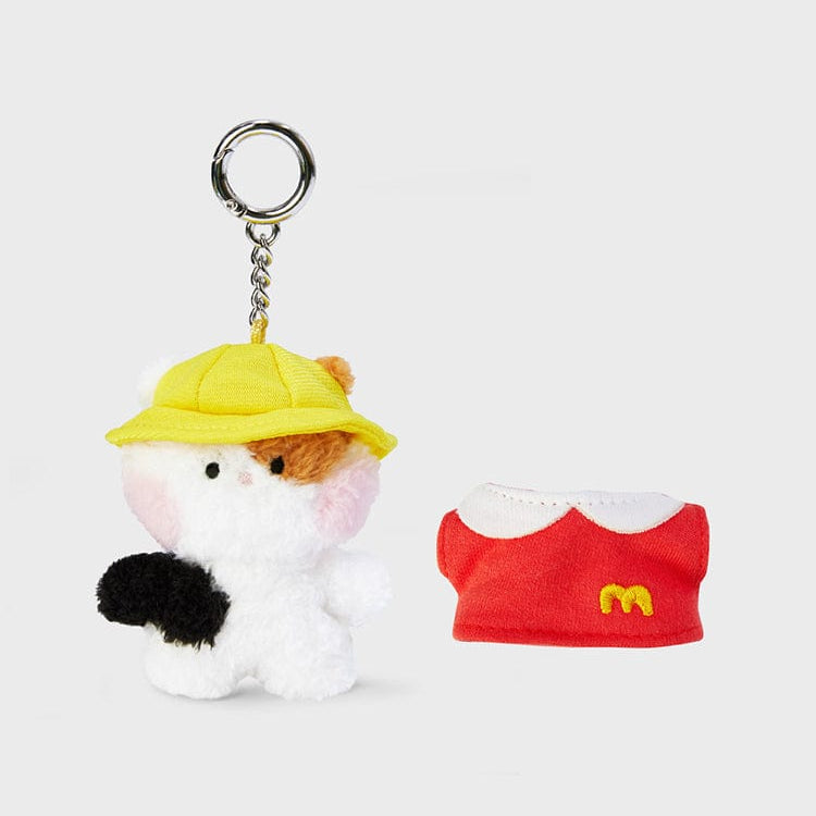 Plush cat keychain with yellow hat and a red collared shirt with a yellow "m".