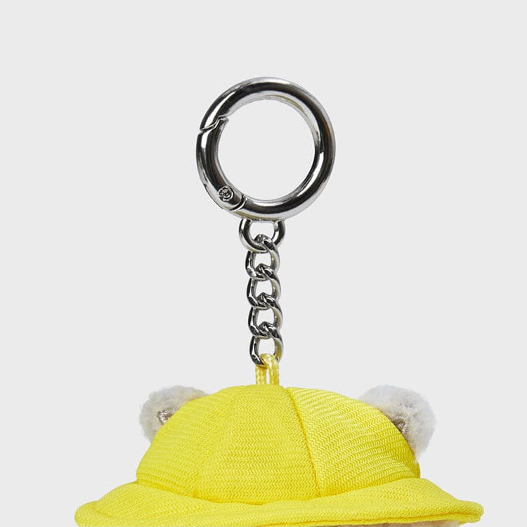 Yellow hat keychain with silver chain and clip.