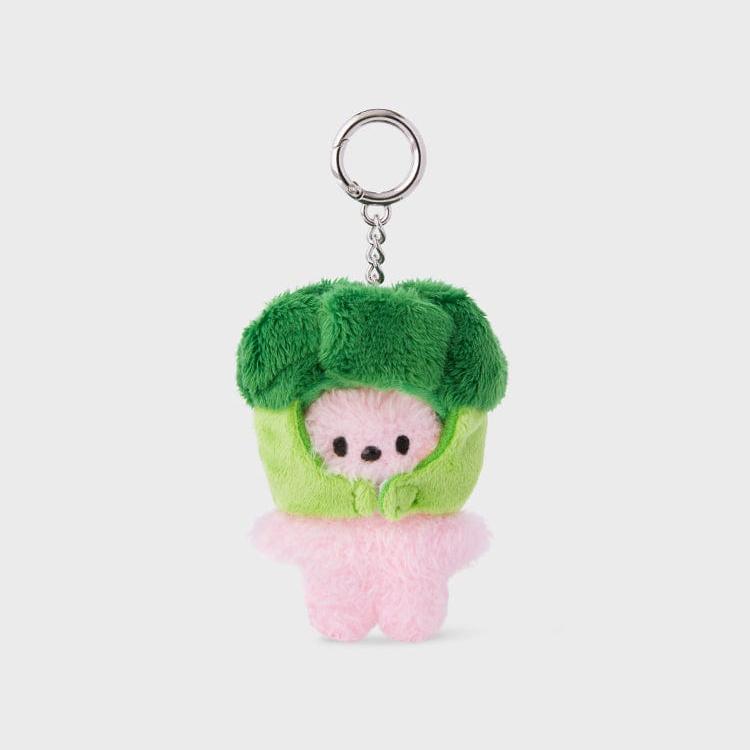 Plush pink bear in a green broccoli costume with a keychain.