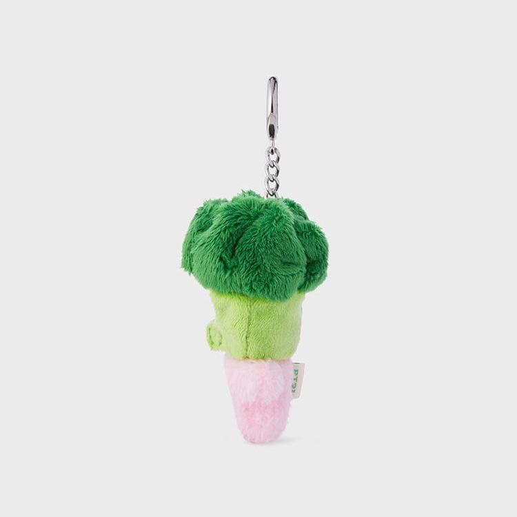 Plush broccoli keychain with green head, light green center, and pink base.