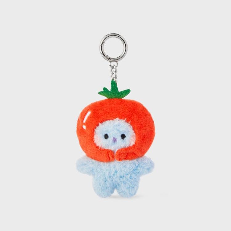 Plush keychain with blue body and tomato hat.